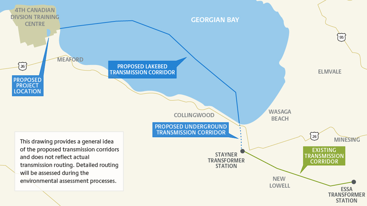 This drawing provides a general idea of the proposed lakebed transmission corridor from the proposed project location to the Wasaga Beach area to the Stayner Transformer Station.